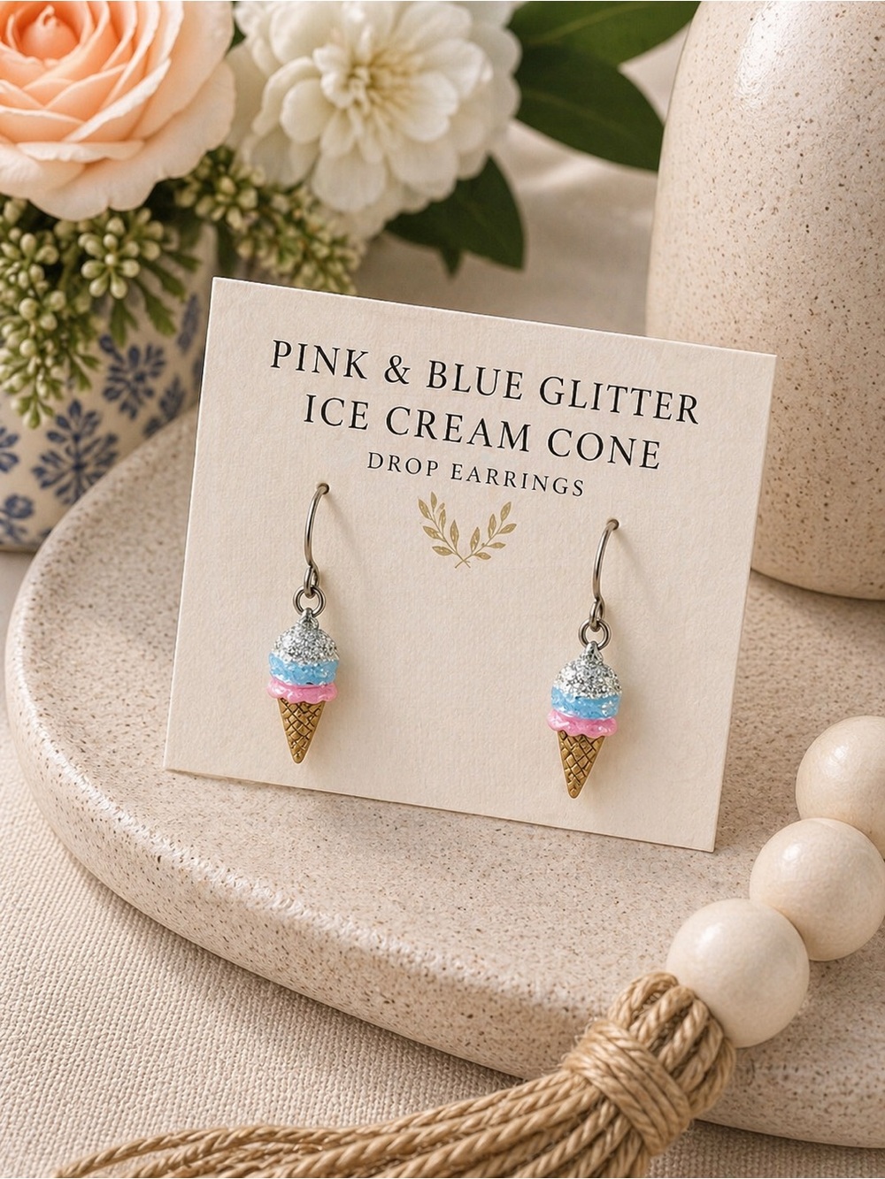 Pink & Blue Glitter Ice Cream Cone Drop Earrings